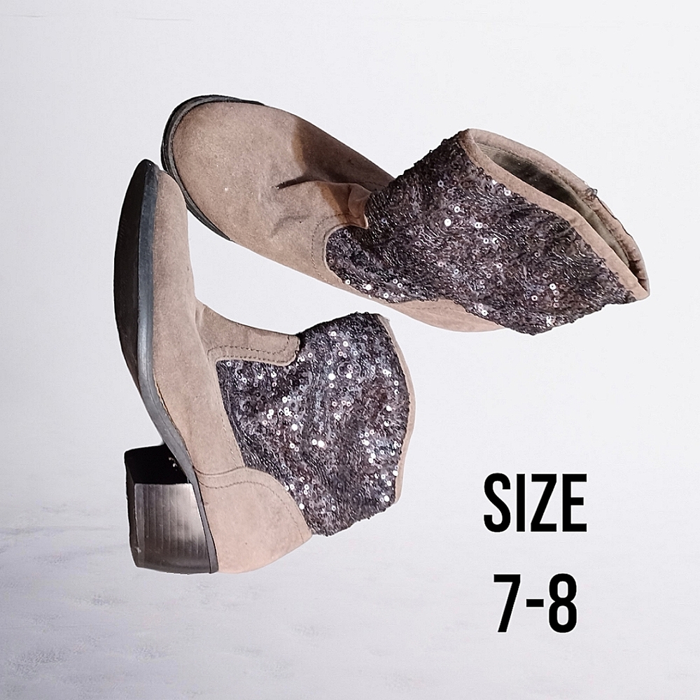 Short, size 7-8, taupe, cowboy bootie with a dash of sparkle